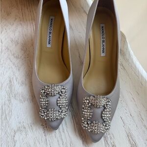 Manolo Blahnik Hangsi Heels in Silver Satin,Size 37/6.5